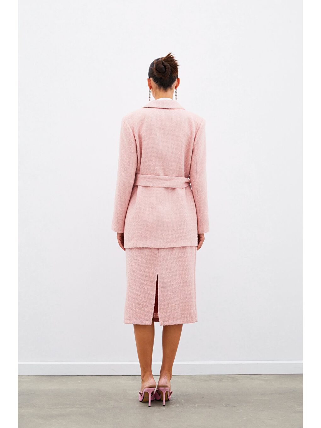 Pembe Kuşaklı Tüvit Ceket - Pudra-3