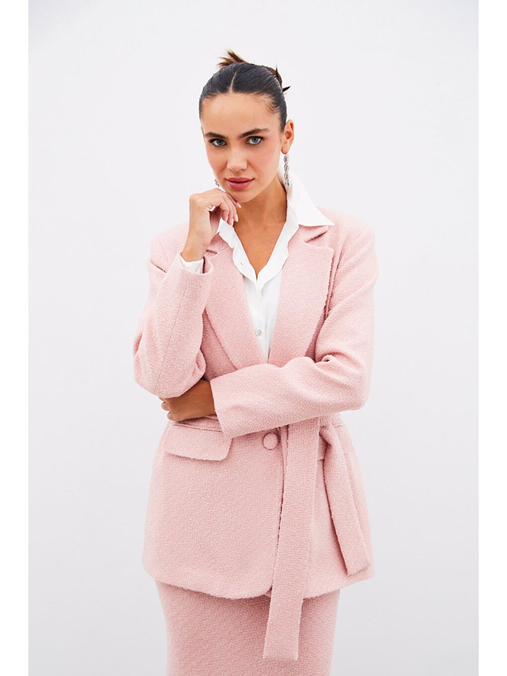 Pembe Kuşaklı Tüvit Ceket - Pudra-5