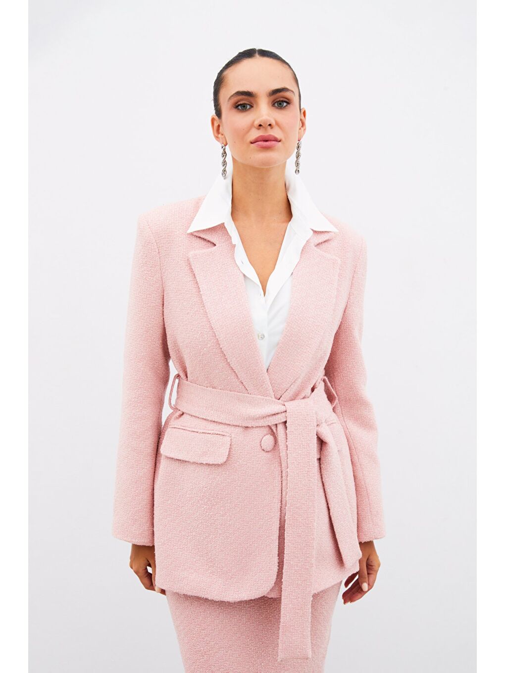Pembe Kuşaklı Tüvit Ceket - Pudra-6