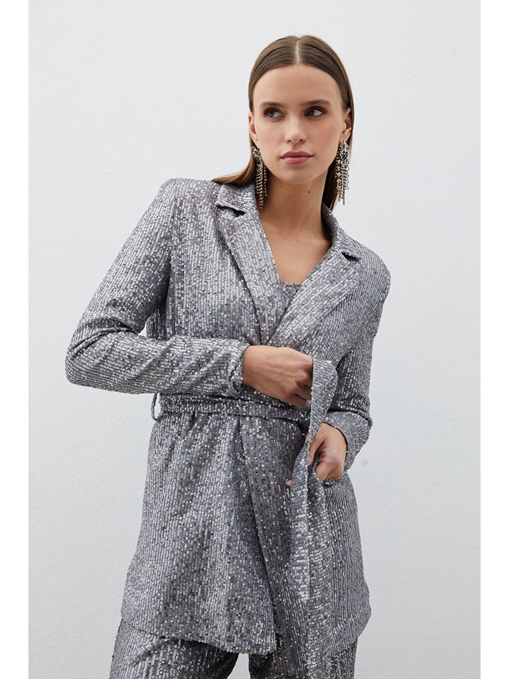Gri Kuşaklı Payet Ceket - Gümüş-1