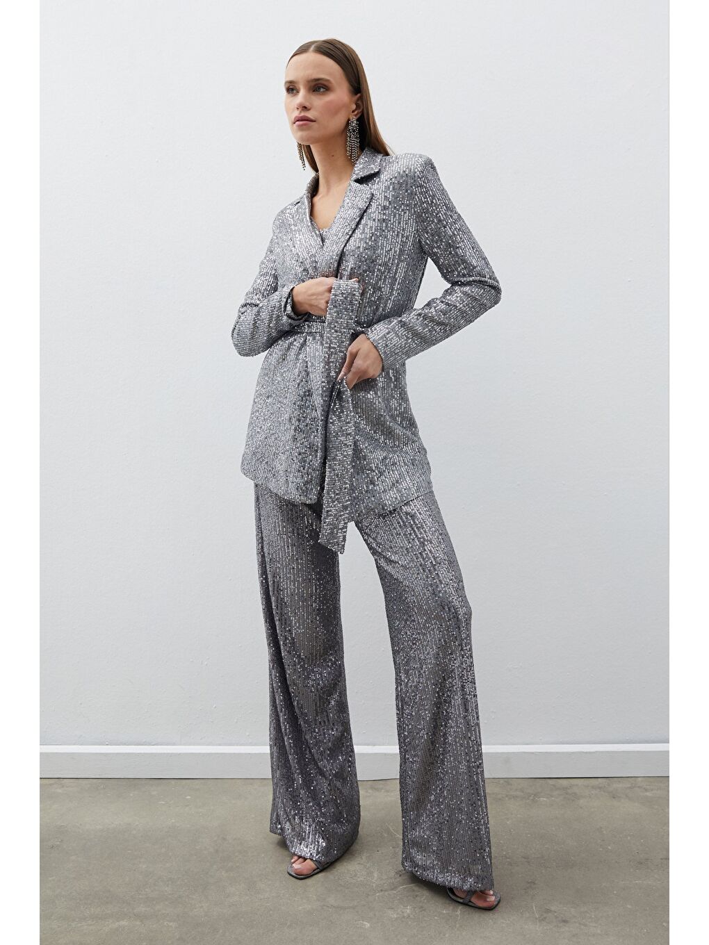 Gri Kuşaklı Payet Ceket - Gümüş-2