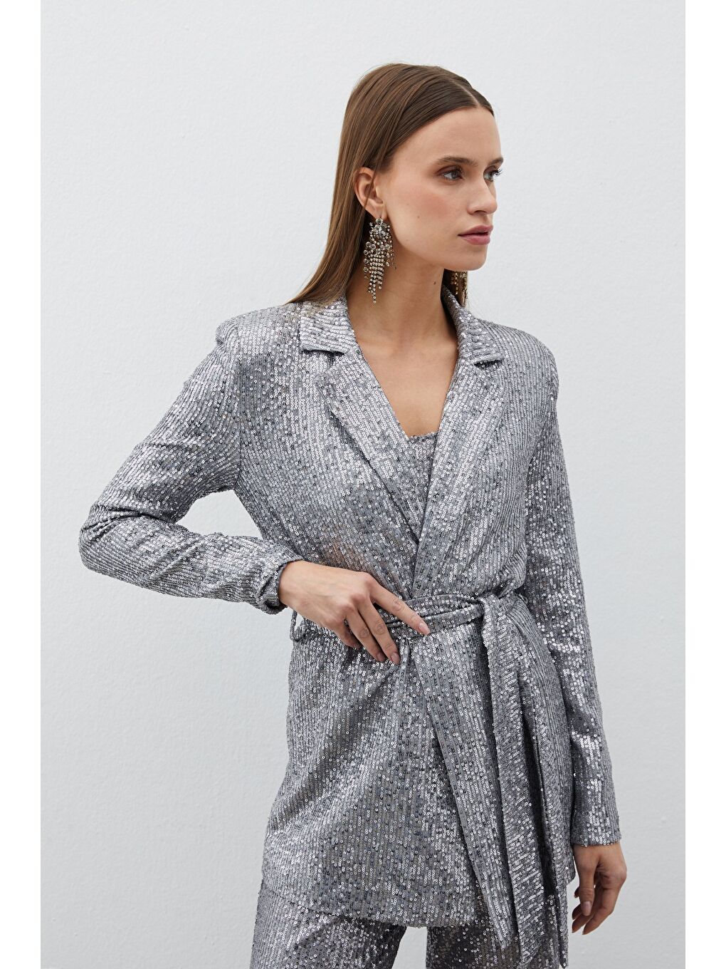 Gri Kuşaklı Payet Ceket - Gümüş-3