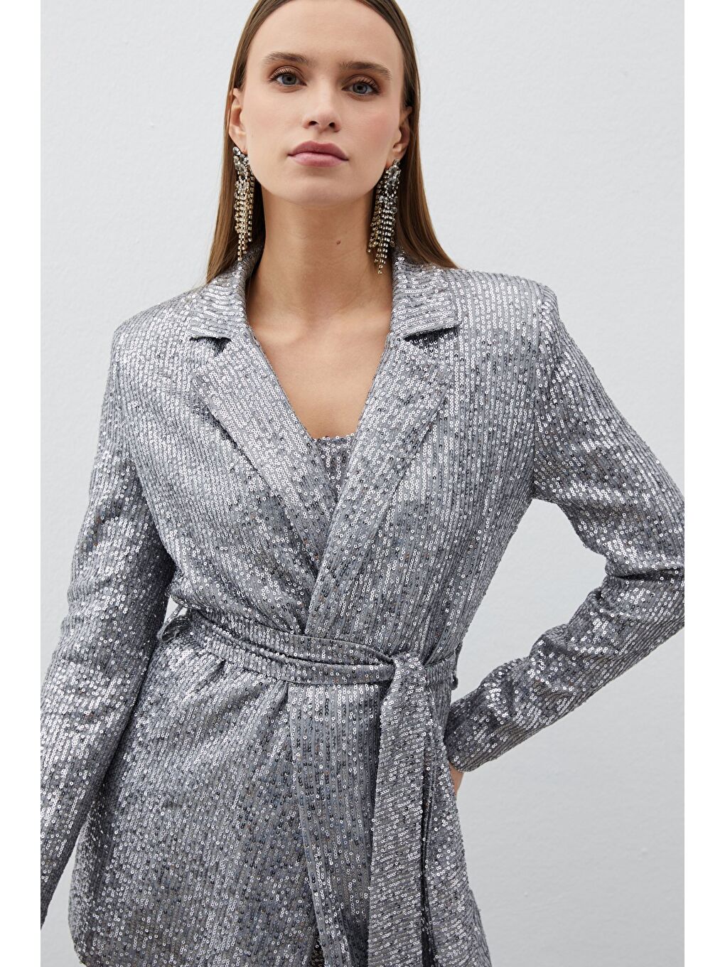 Gri Kuşaklı Payet Ceket - Gümüş-4