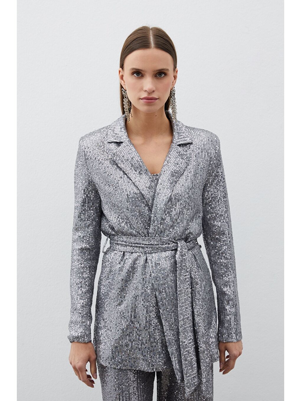 Gri Kuşaklı Payet Ceket - Gümüş-5