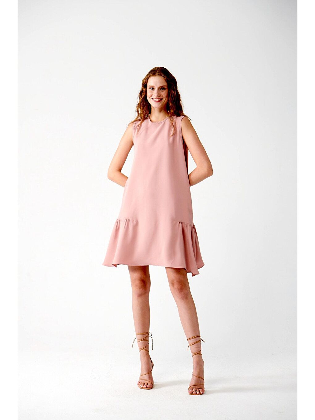 Pembe ADR Sıfır Kollu Dökümlü Elbise-Gül Kurusu