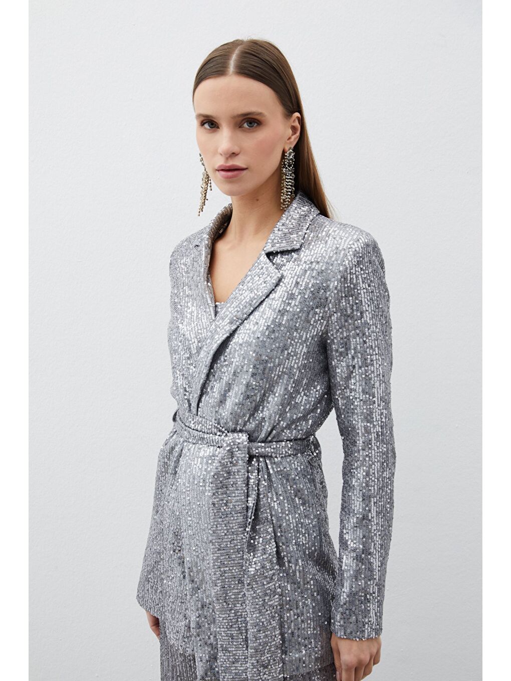 Gri Kuşaklı Payet Ceket - Gümüş-6