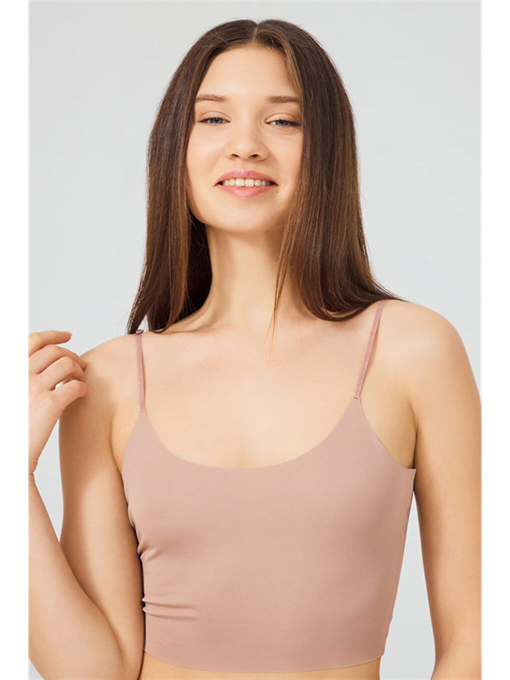 Kahverengi Ayarlanabilir İnce Askılı Lazer Kesim Kadın Crop Büstiyer-6