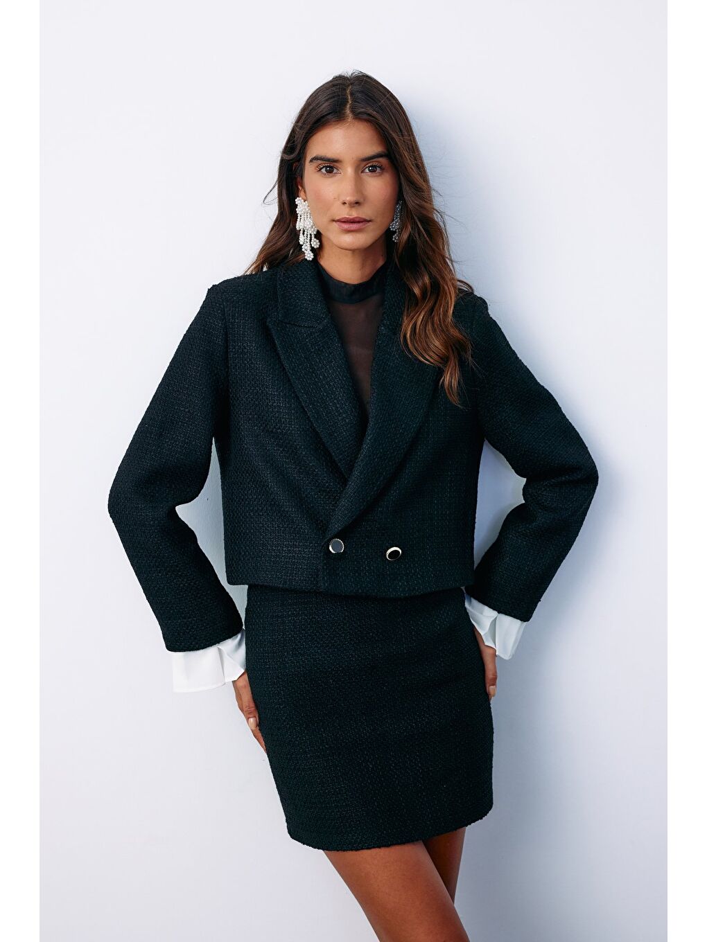 Manşet Detaylı Tüvit Ceket - Siyah-3