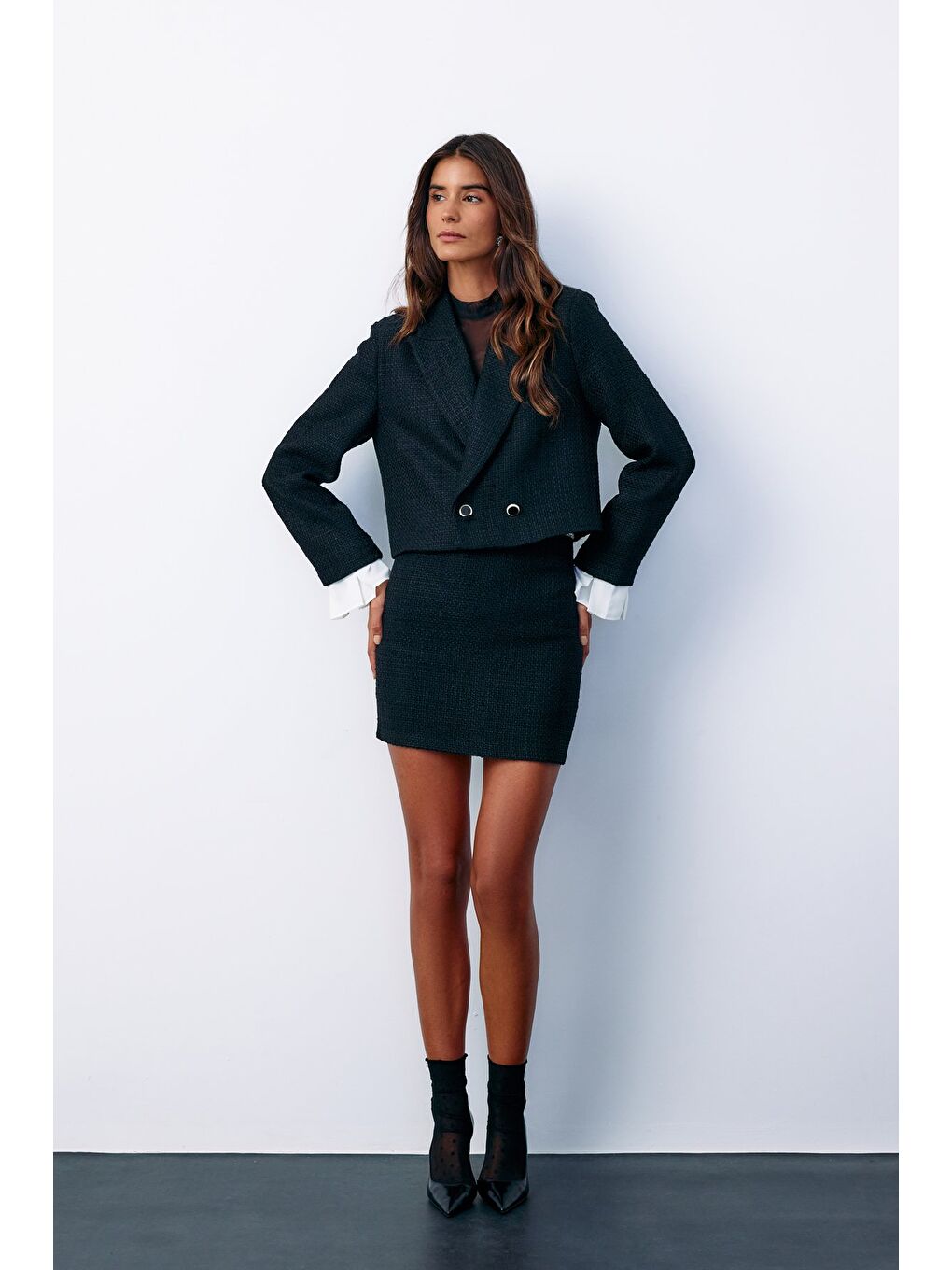 Manşet Detaylı Tüvit Ceket - Siyah-6