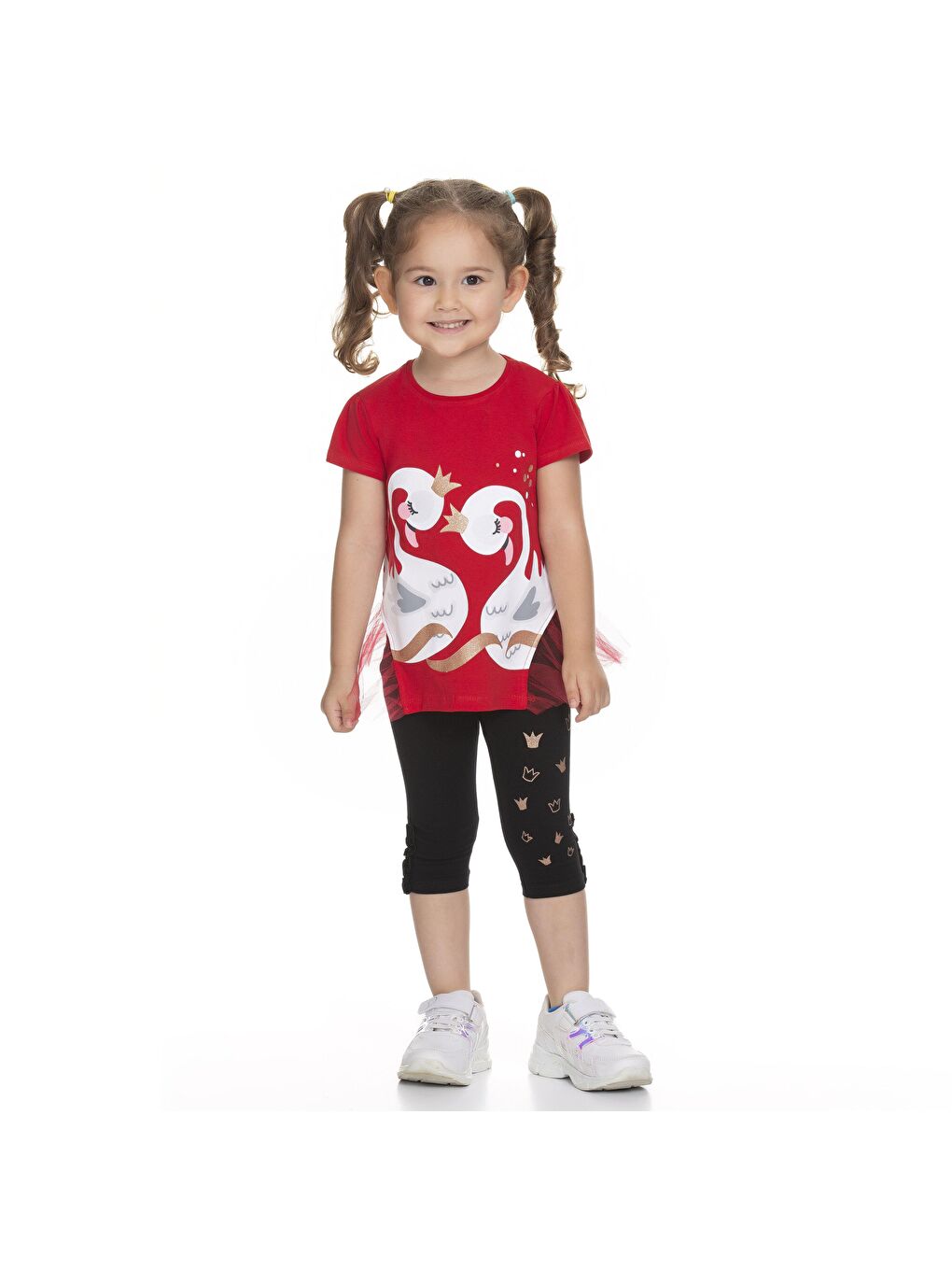 Kırmızı Kuğu Baskılı Tüllü Taytlı Takım