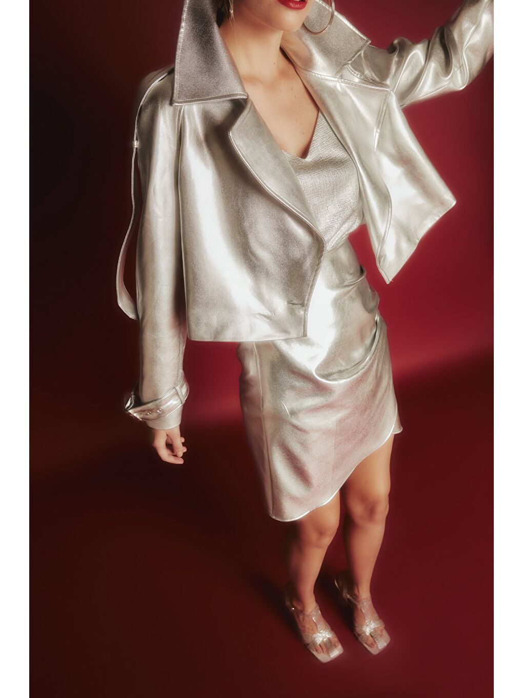 Gri Metalik Kısa Ceket - Gümüş-3