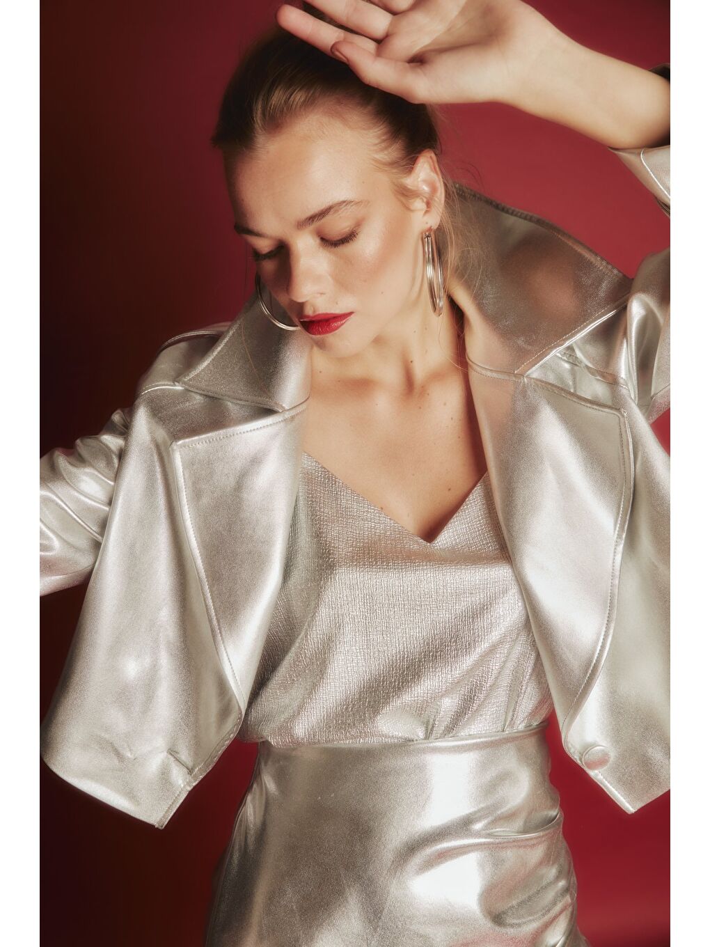 Gri Metalik Kısa Ceket - Gümüş-6