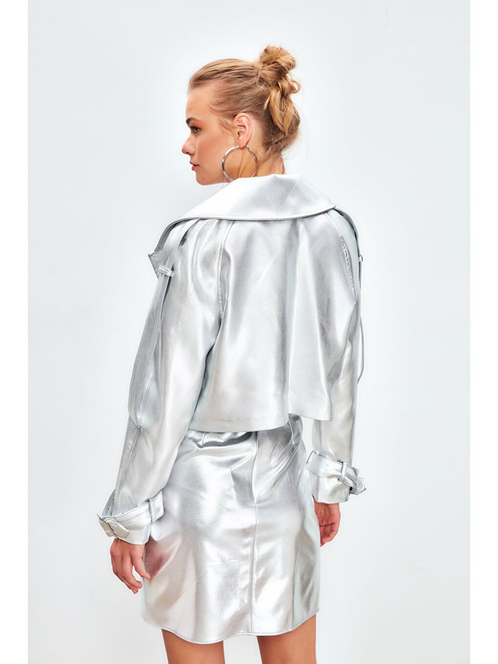 Gri Metalik Kısa Ceket - Gümüş-7