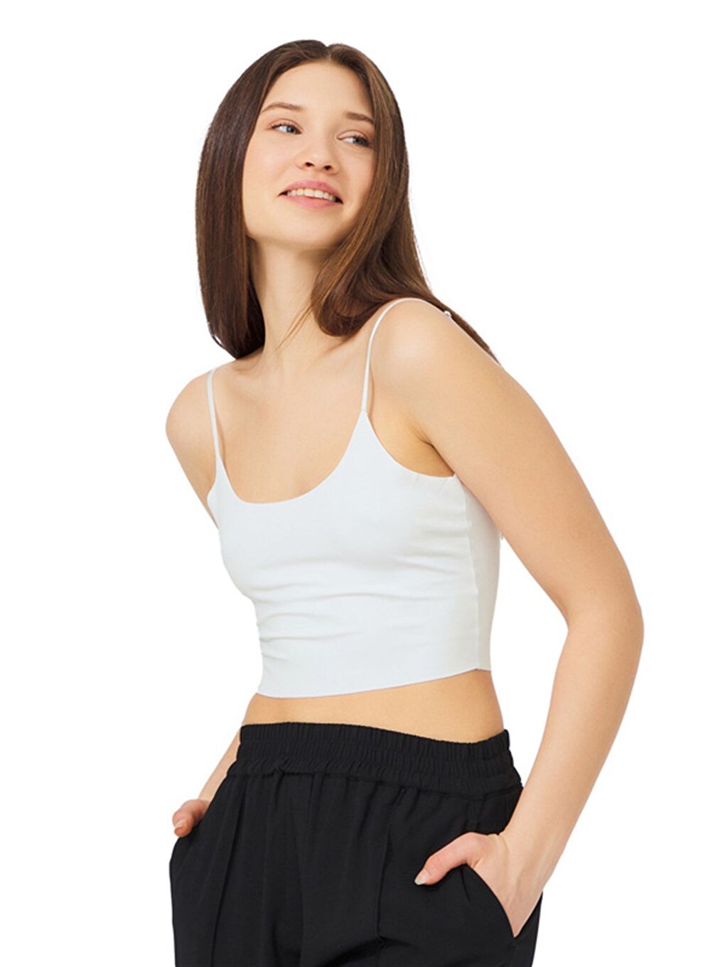 Ekru Krem Ayarlanabilir İnce Askılı Lazer Kesim Kadın Crop Büstiyer