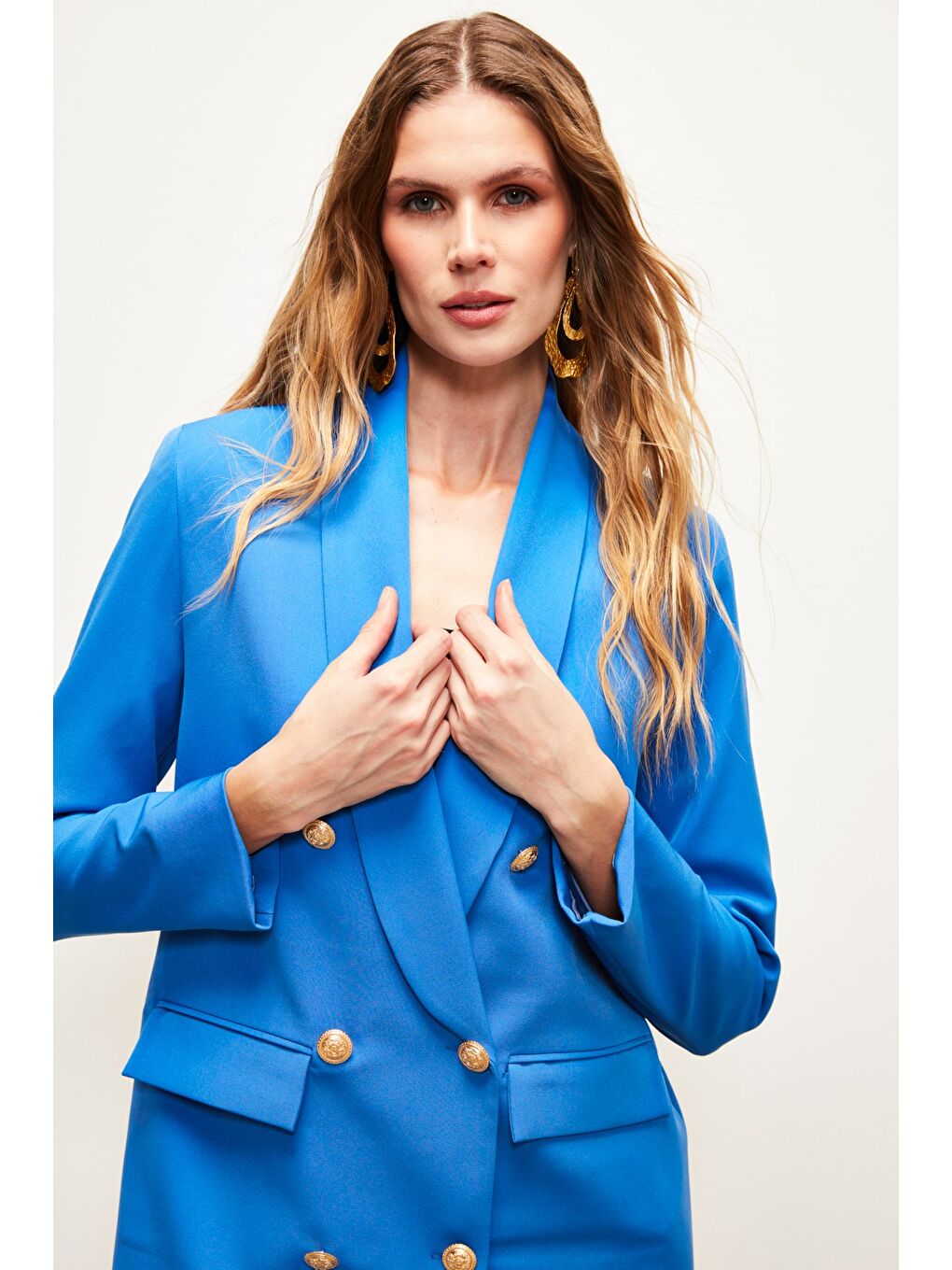 SATEEN Indigo Düğme Detaylı Kruvaze Ceket - İndigo - 2
