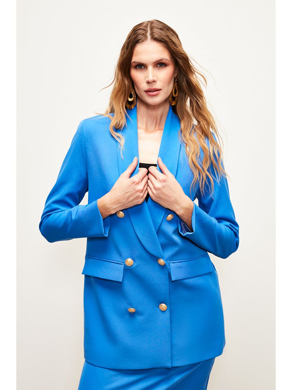 SATEEN Indigo Düğme Detaylı Kruvaze Ceket - İndigo - 3