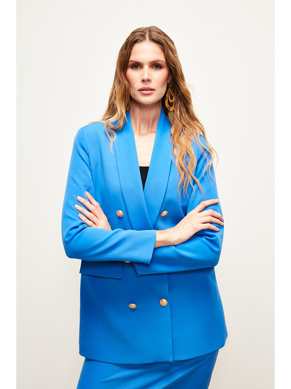 SATEEN Indigo Düğme Detaylı Kruvaze Ceket - İndigo - 4