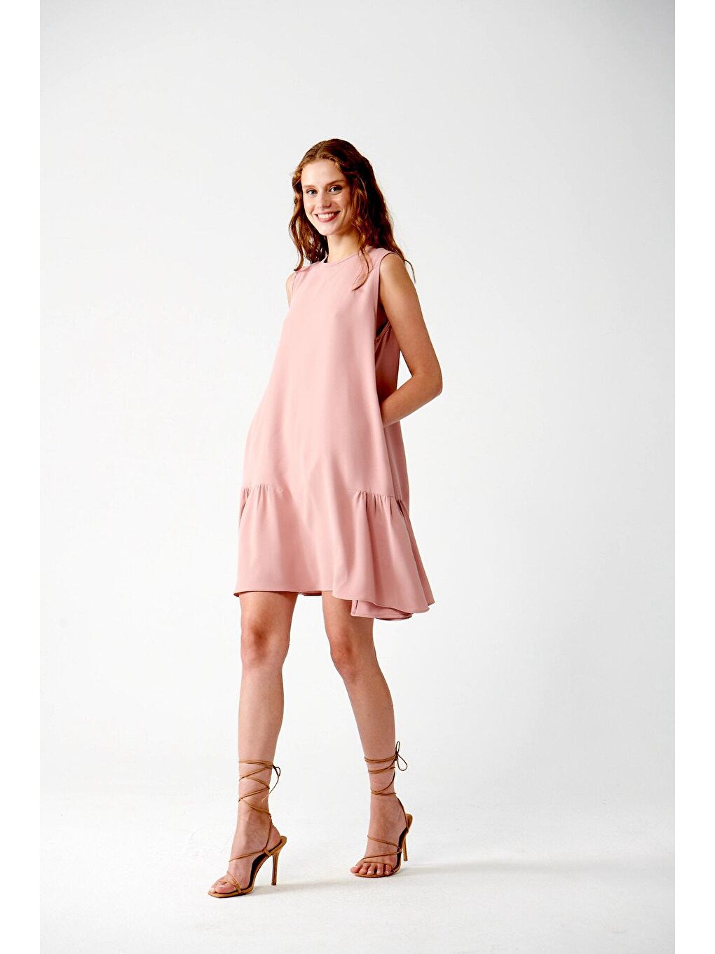 Pembe ADR Sıfır Kollu Dökümlü Elbise-Gül Kurusu-1