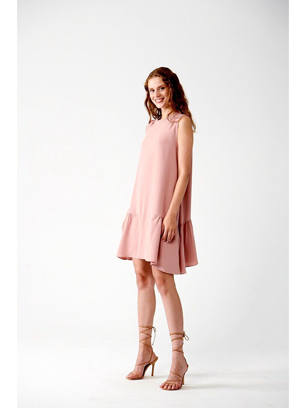 Pembe ADR Sıfır Kollu Dökümlü Elbise-Gül Kurusu-2