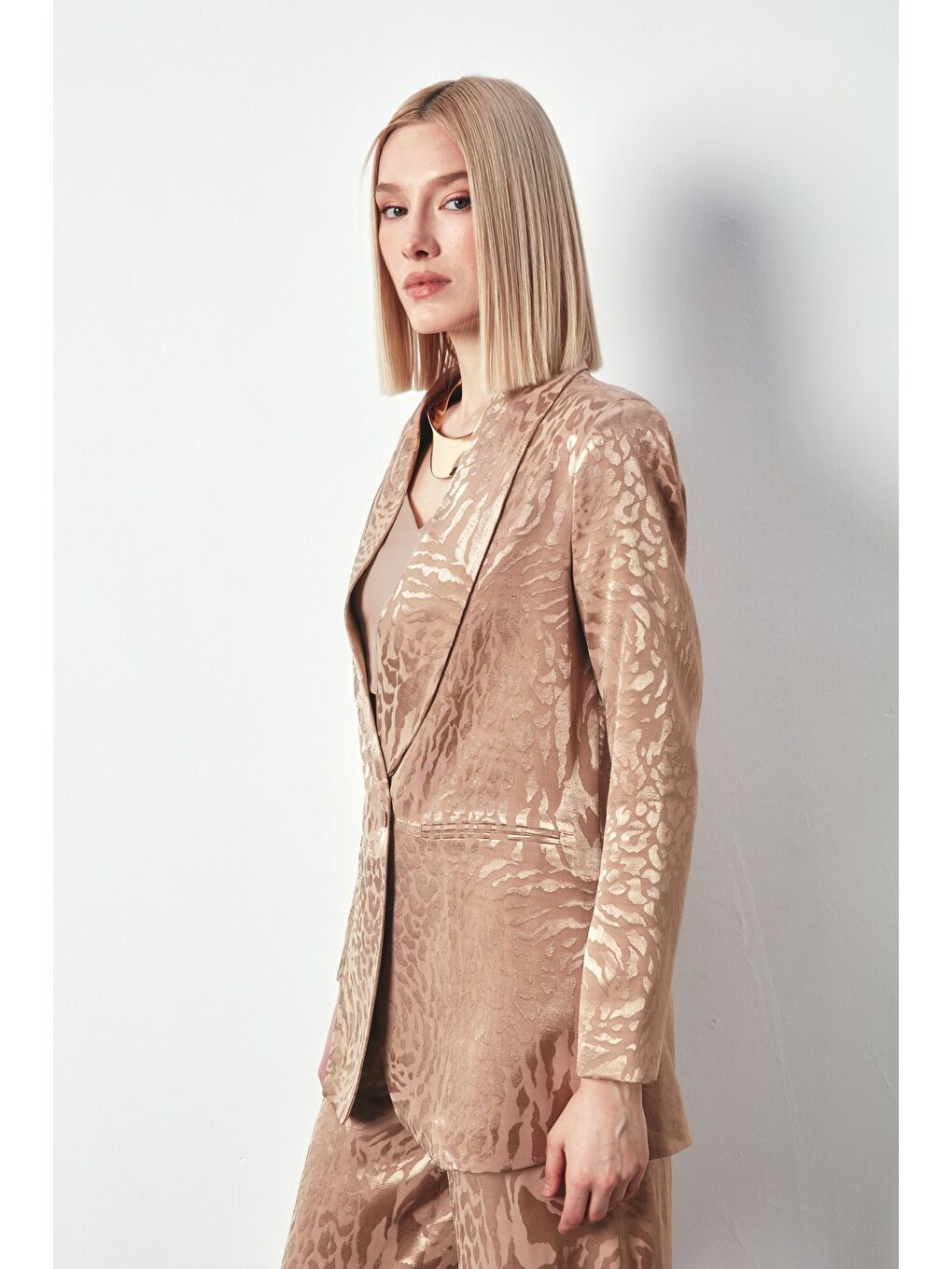 Bej Şal Yaka Desenli Ceket - Vizon-2