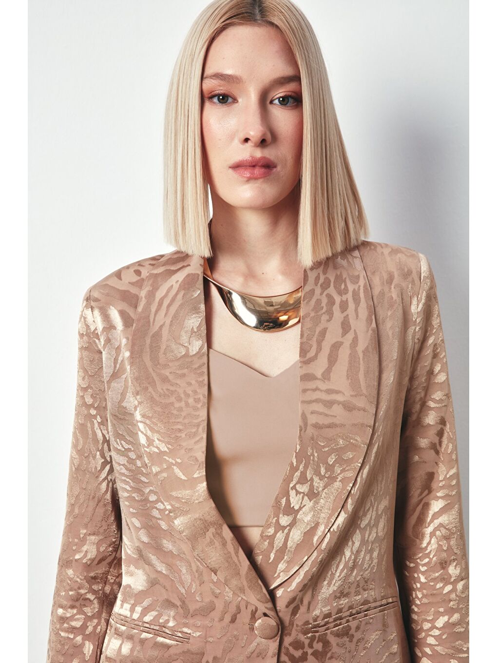 Bej Şal Yaka Desenli Ceket - Vizon-3