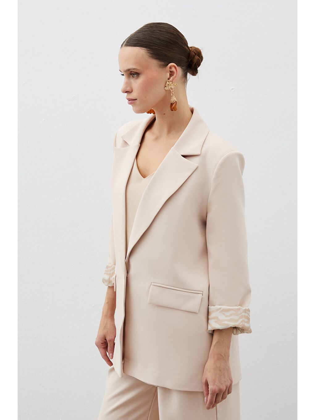 Zebra Astarlı Uzun Ceket - Bej-2