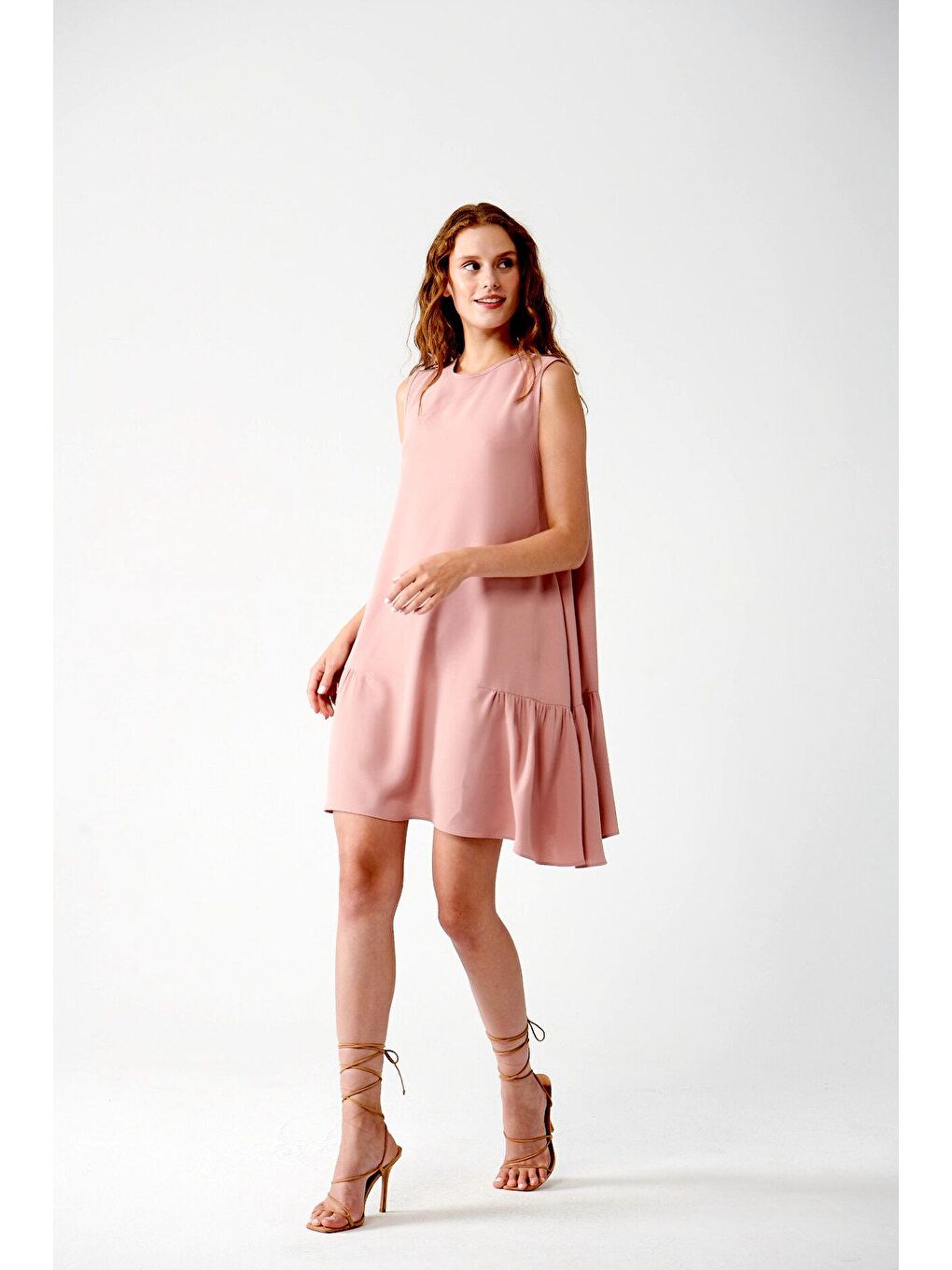 Pembe ADR Sıfır Kollu Dökümlü Elbise-Gül Kurusu-3