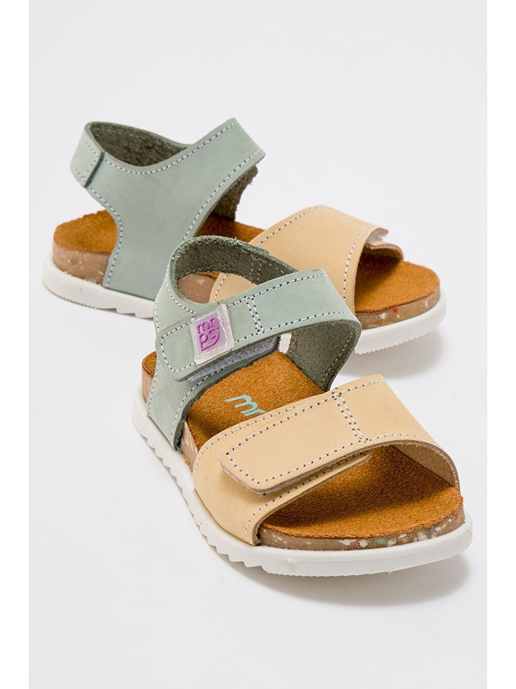 Unisex Çocuk Sarı-Su Yeşili Hakiki Deri Mantar Tabanlı Çocuk Sandalet