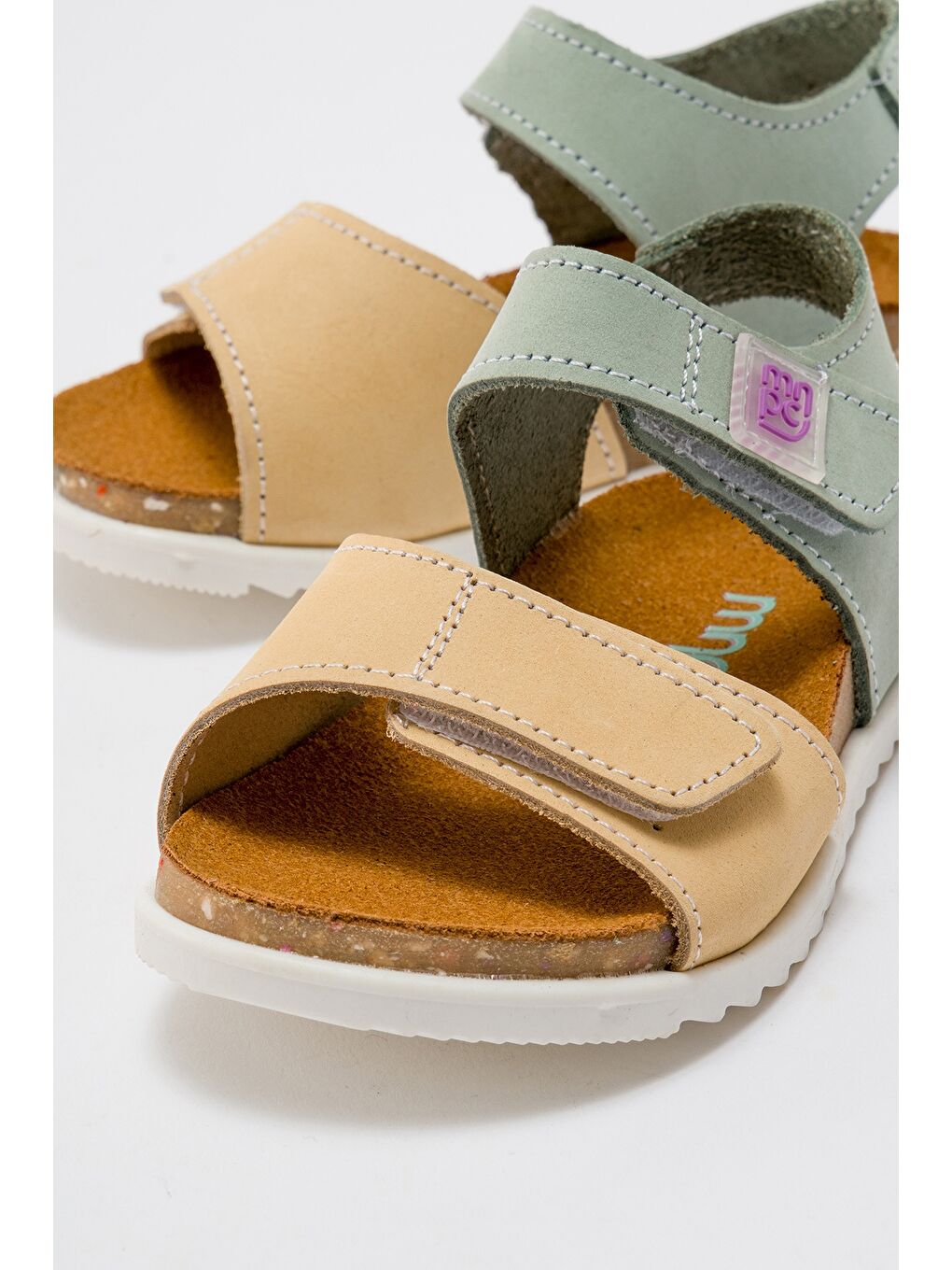 Unisex Çocuk Sarı-Su Yeşili Hakiki Deri Mantar Tabanlı Çocuk Sandalet-1