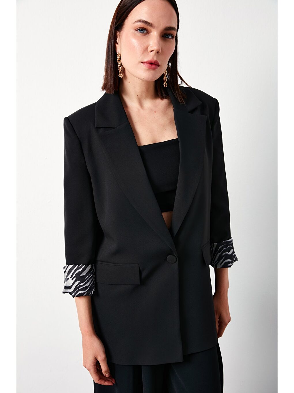 Zebra Astarlı Uzun Ceket - Siyah-4
