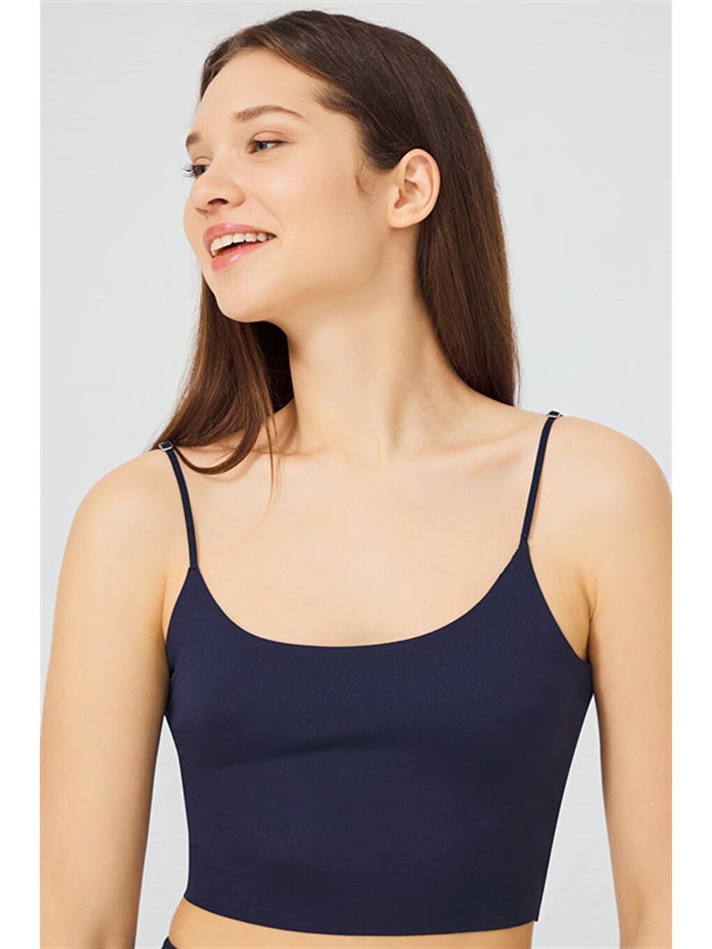 Lacivert Ayarlanabilir İnce Askılı Lazer Kesim Kadın Crop Büstiyer-3