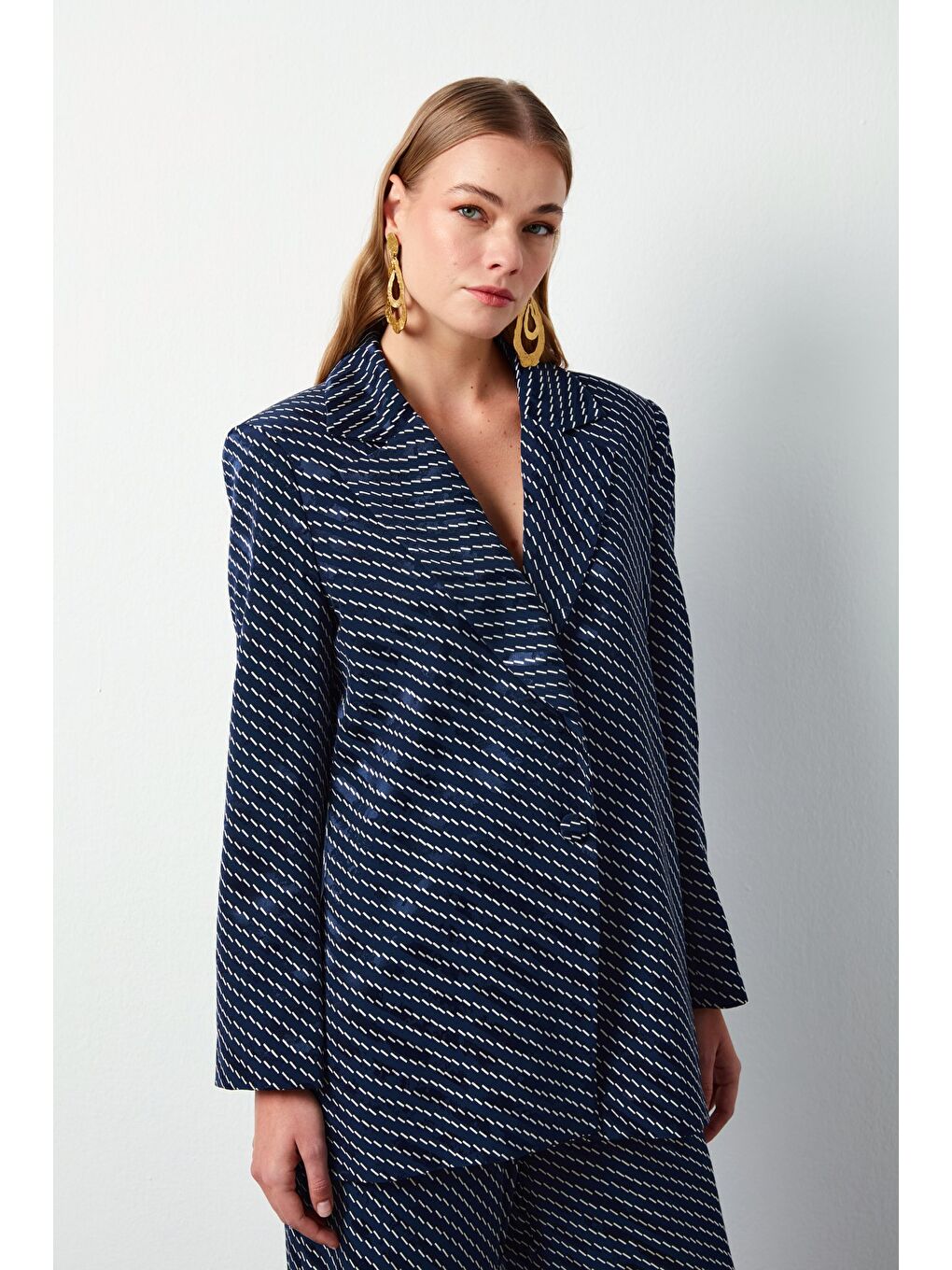 Çizgi Desenli Ceket - Lacivert-1