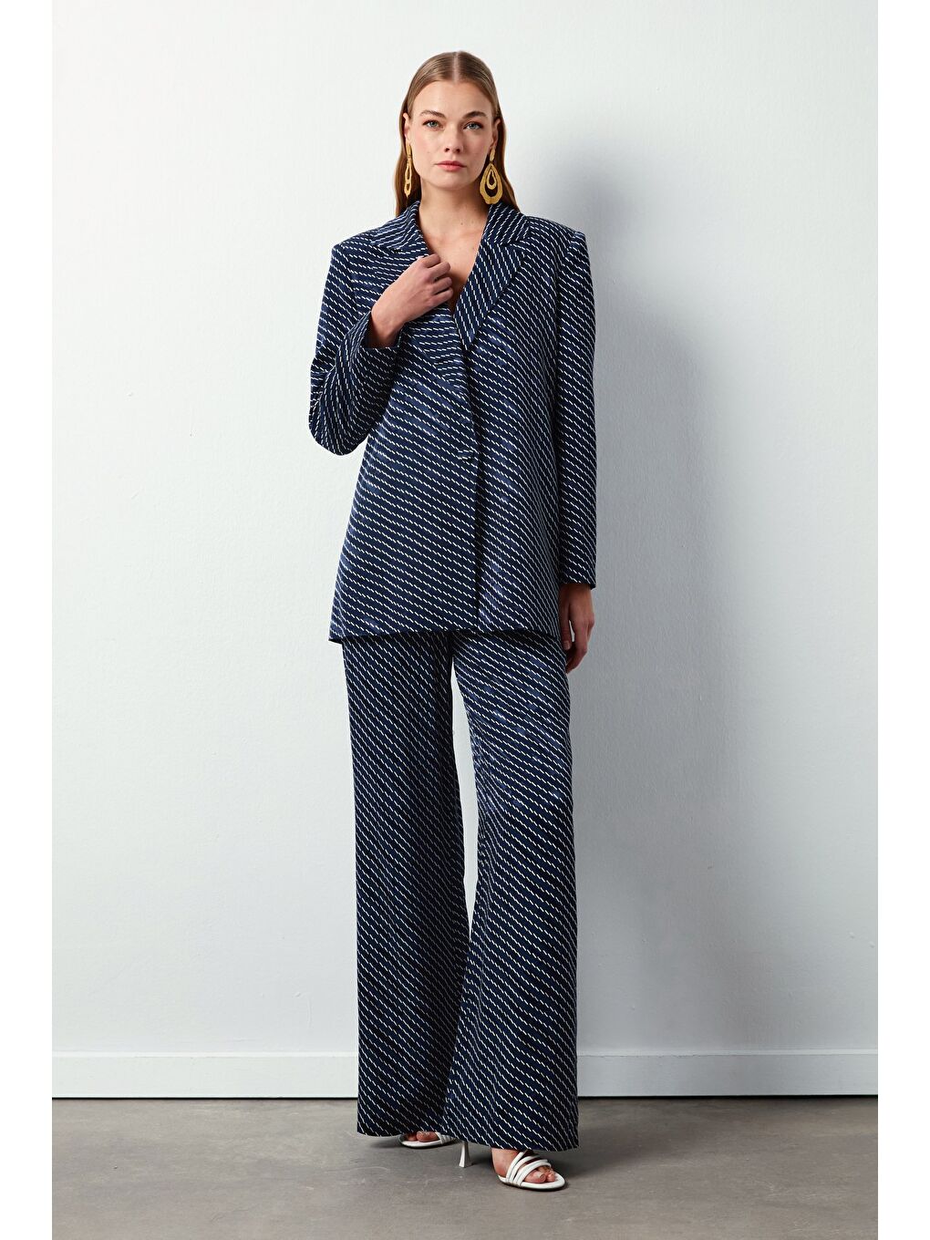 Çizgi Desenli Ceket - Lacivert-3