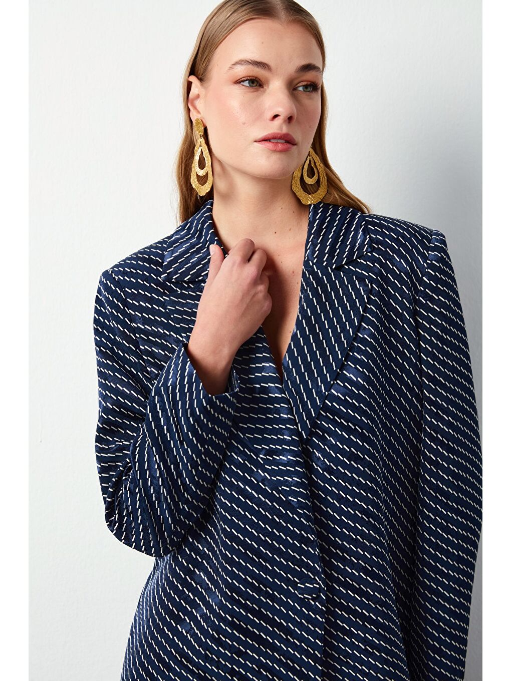 Çizgi Desenli Ceket - Lacivert-5