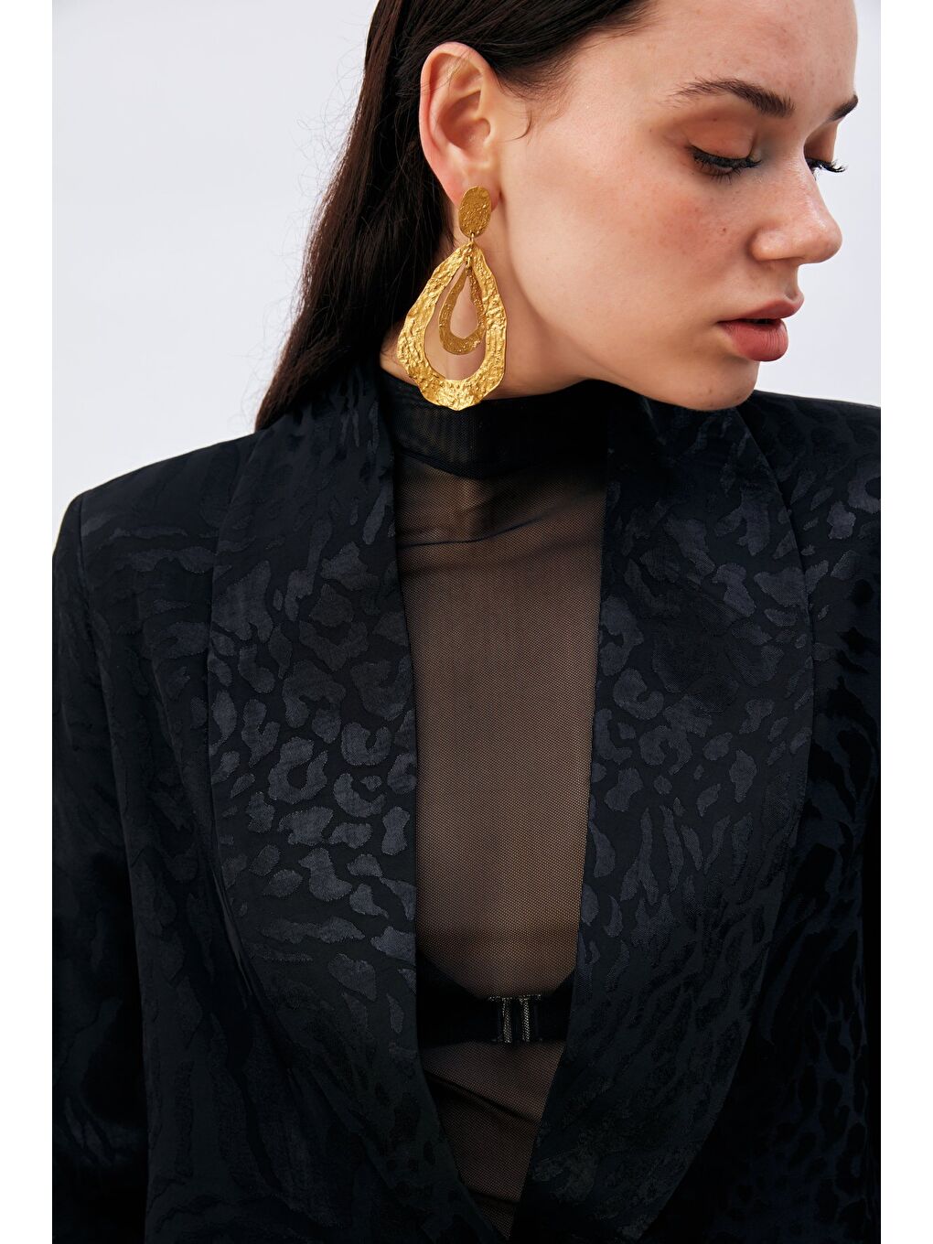 Desenli Saten Ceket - Siyah-2