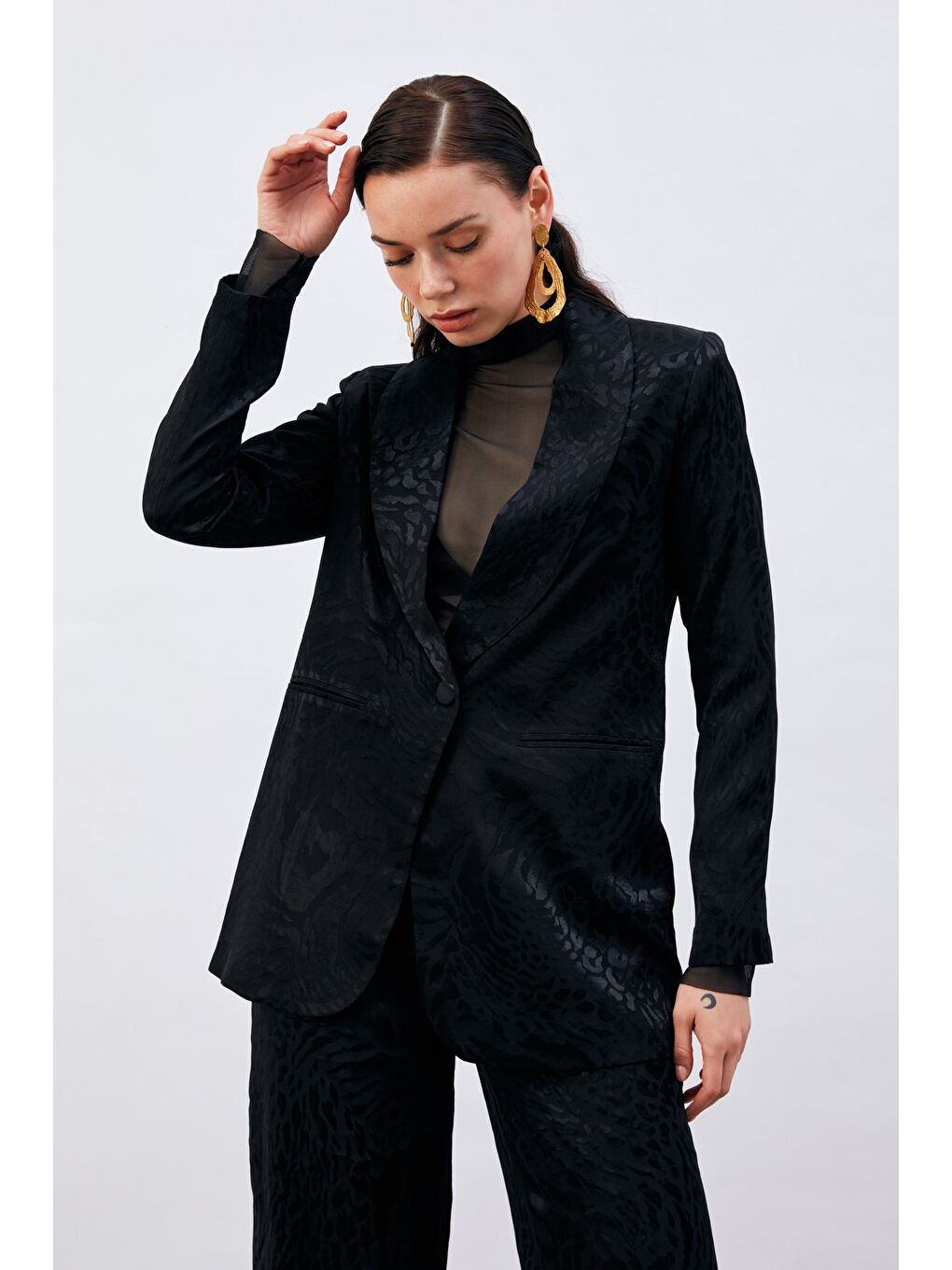 Desenli Saten Ceket - Siyah-3