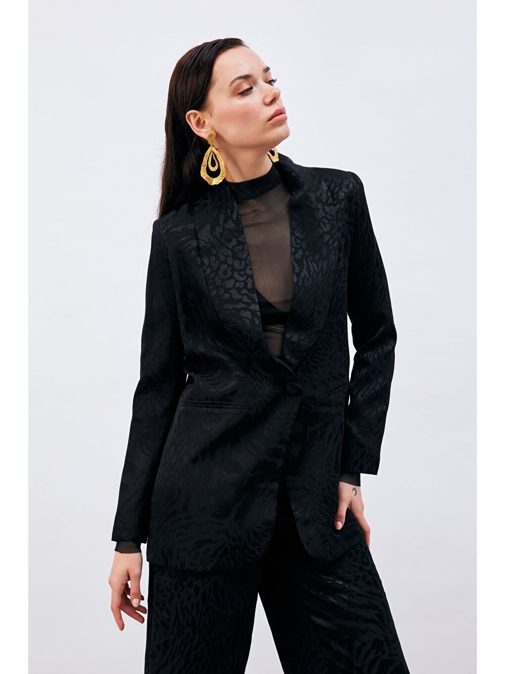 Desenli Saten Ceket - Siyah-4
