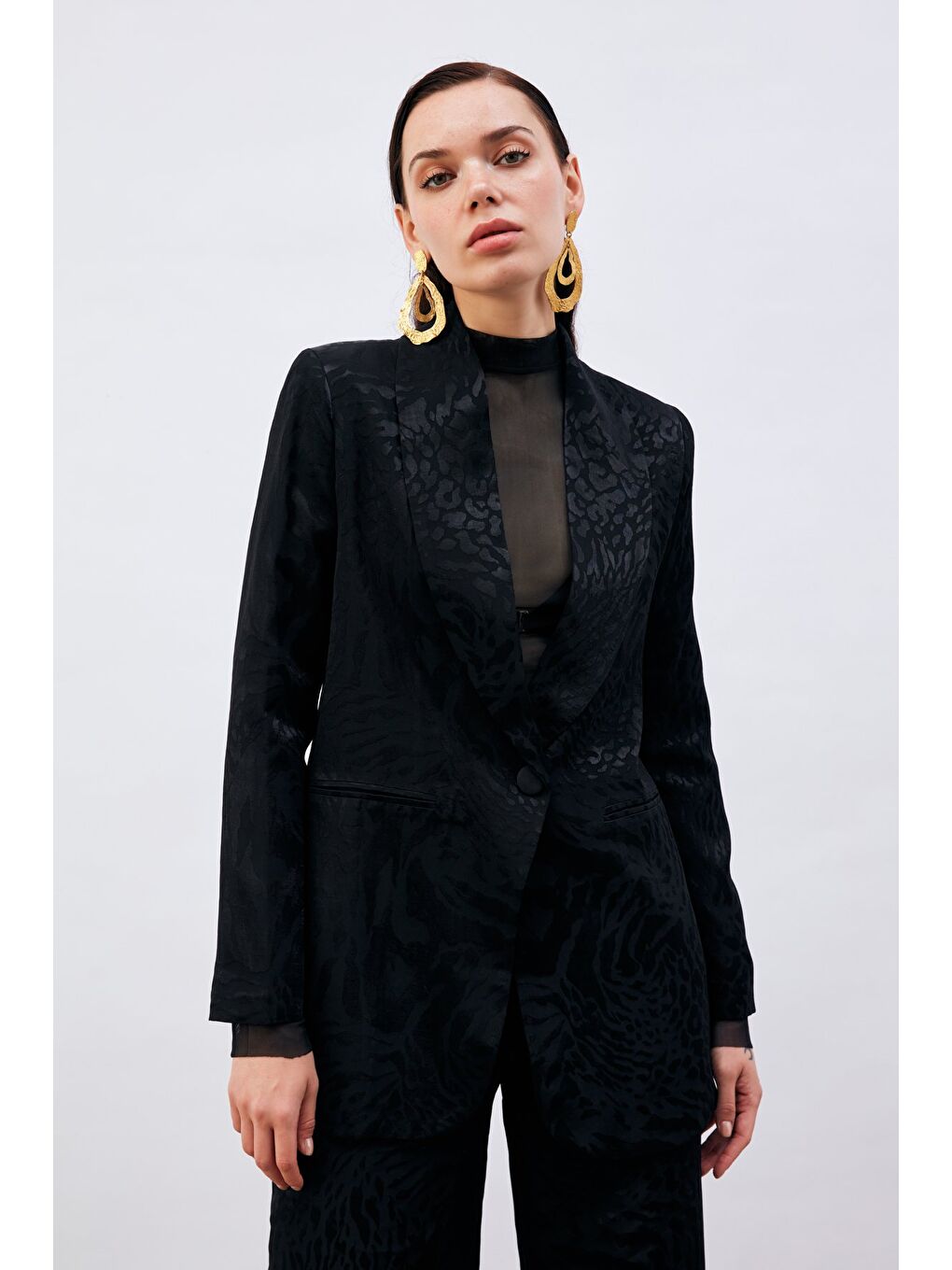 Desenli Saten Ceket - Siyah-6