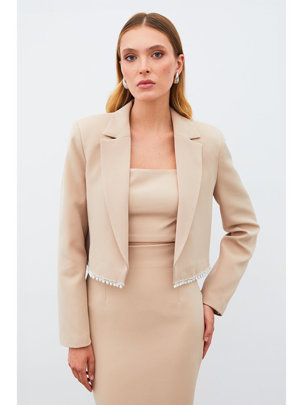 Aksesuarlı Kısa Ceket - Bej-3