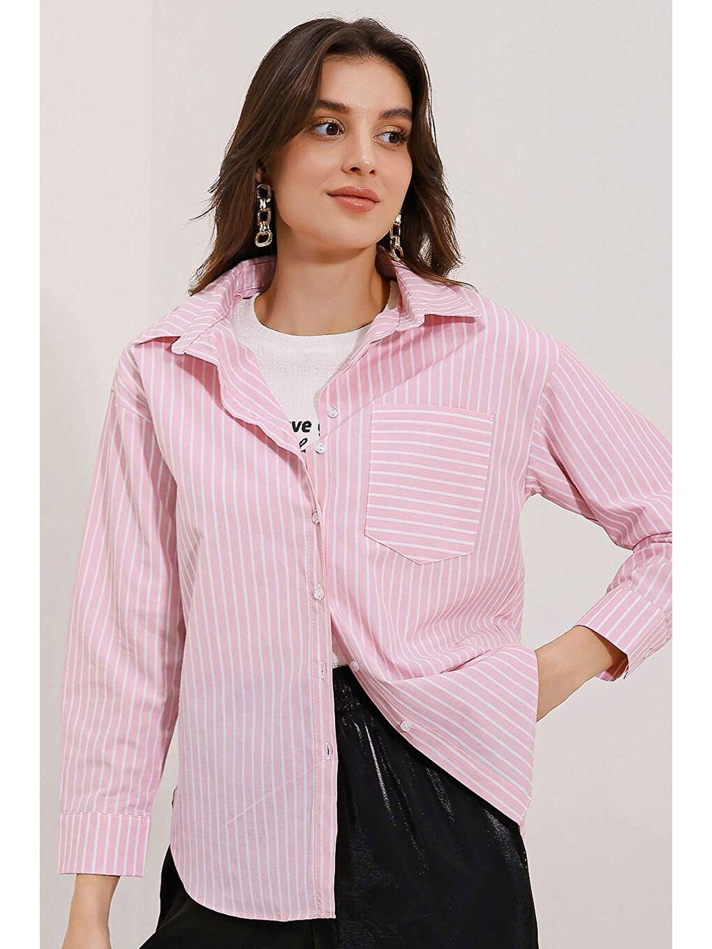 Bigdart Pembe 20205 Çizgili Oversize Gömlek - Pudra