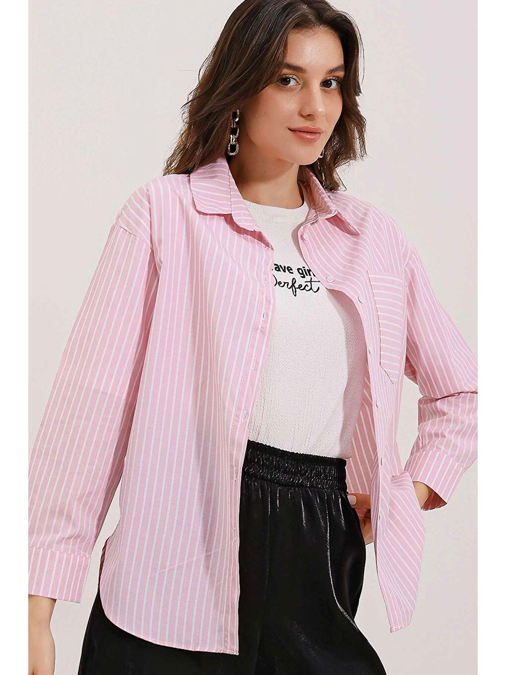 Bigdart Pembe 20205 Çizgili Oversize Gömlek - Pudra - 1