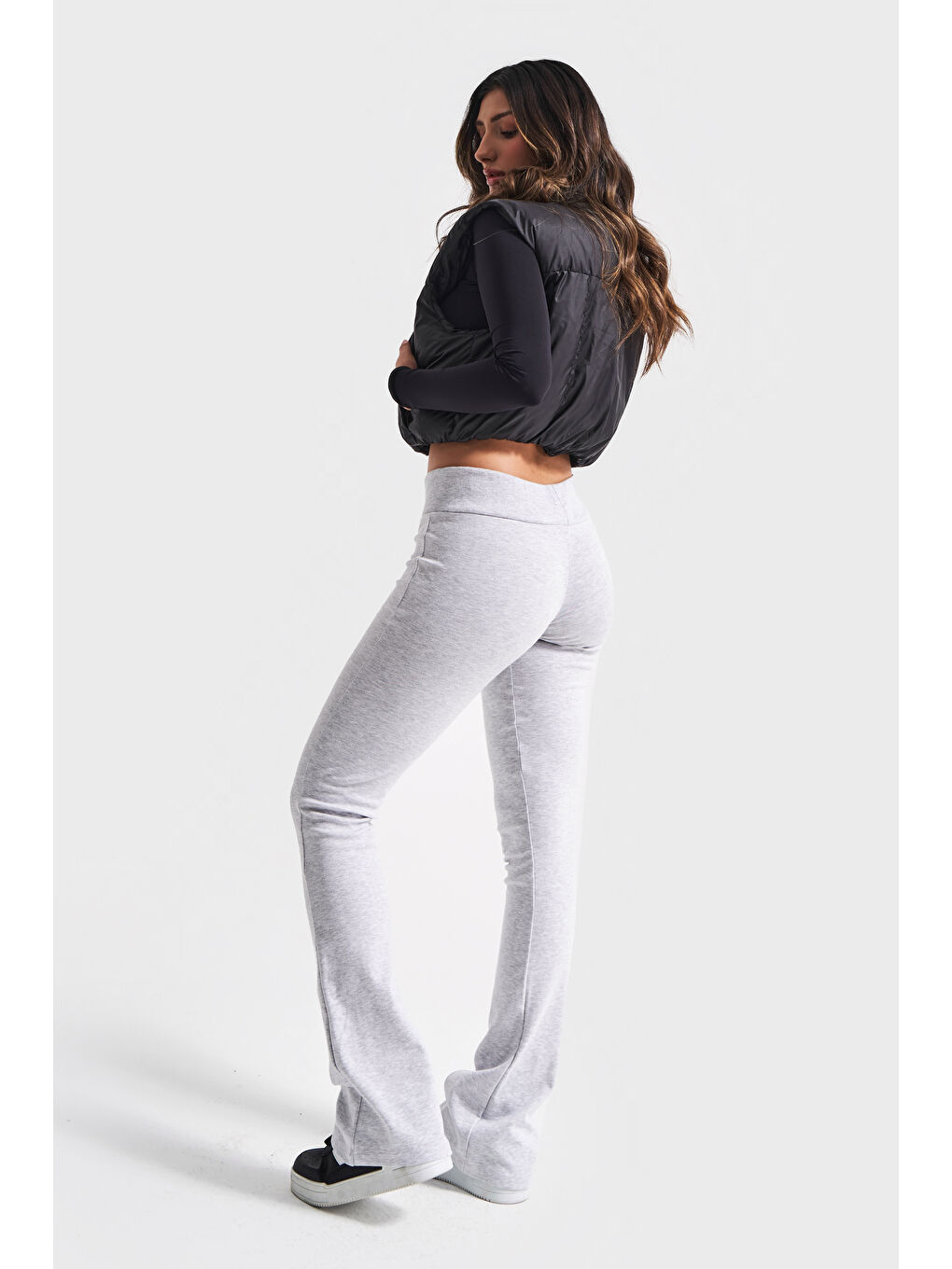 Kadın Gri Melanj Renk s5-107 Slim Fit Süper Esnek Kumaş Flare Fit Pantolon-1