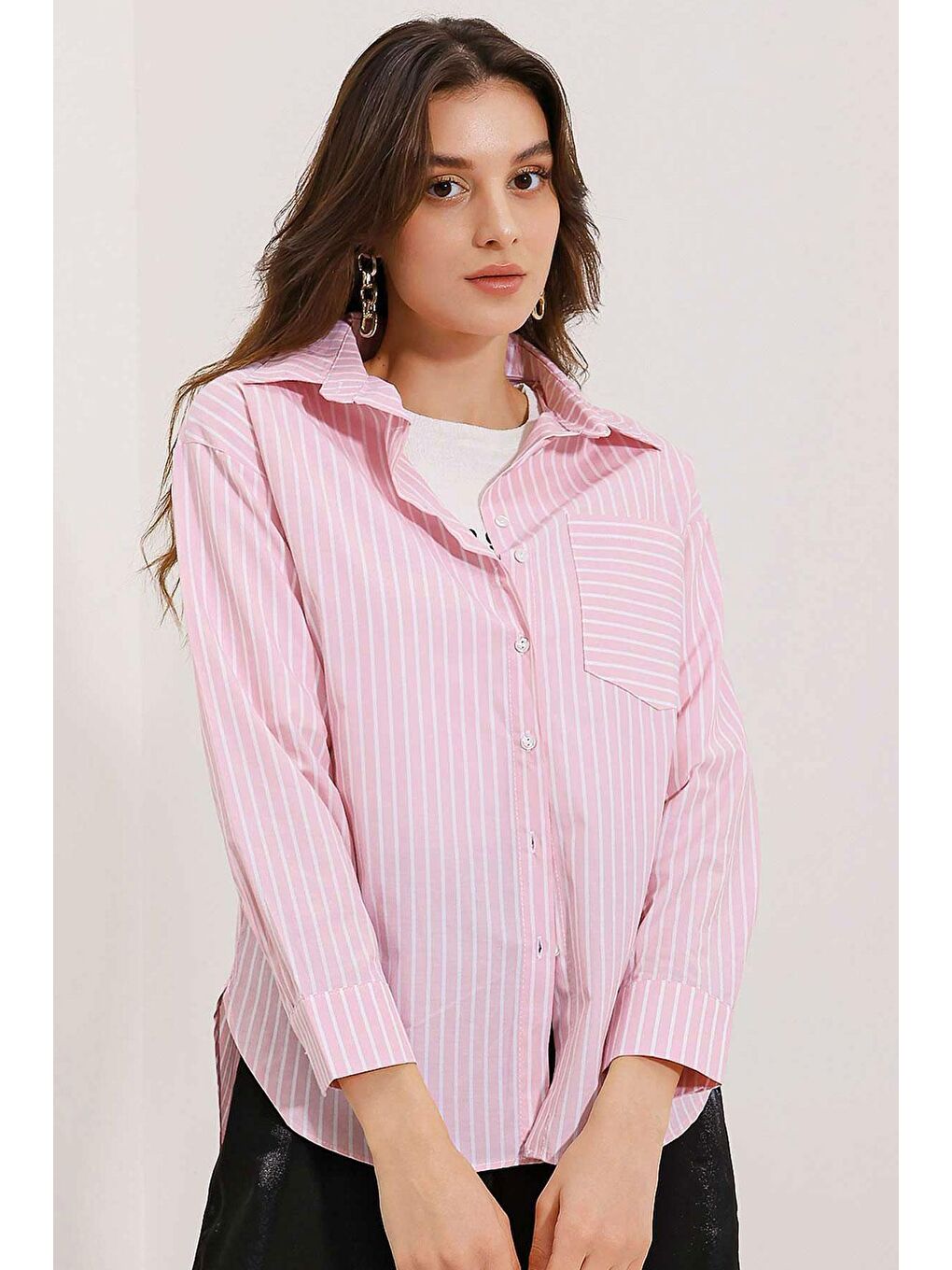 Bigdart Pembe 20205 Çizgili Oversize Gömlek - Pudra - 2