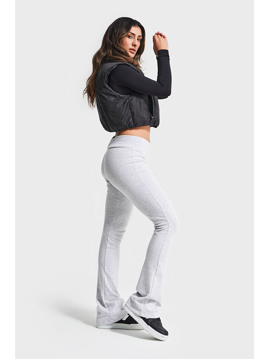 Kadın Gri Melanj Renk s5-107 Slim Fit Süper Esnek Kumaş Flare Fit Pantolon-2