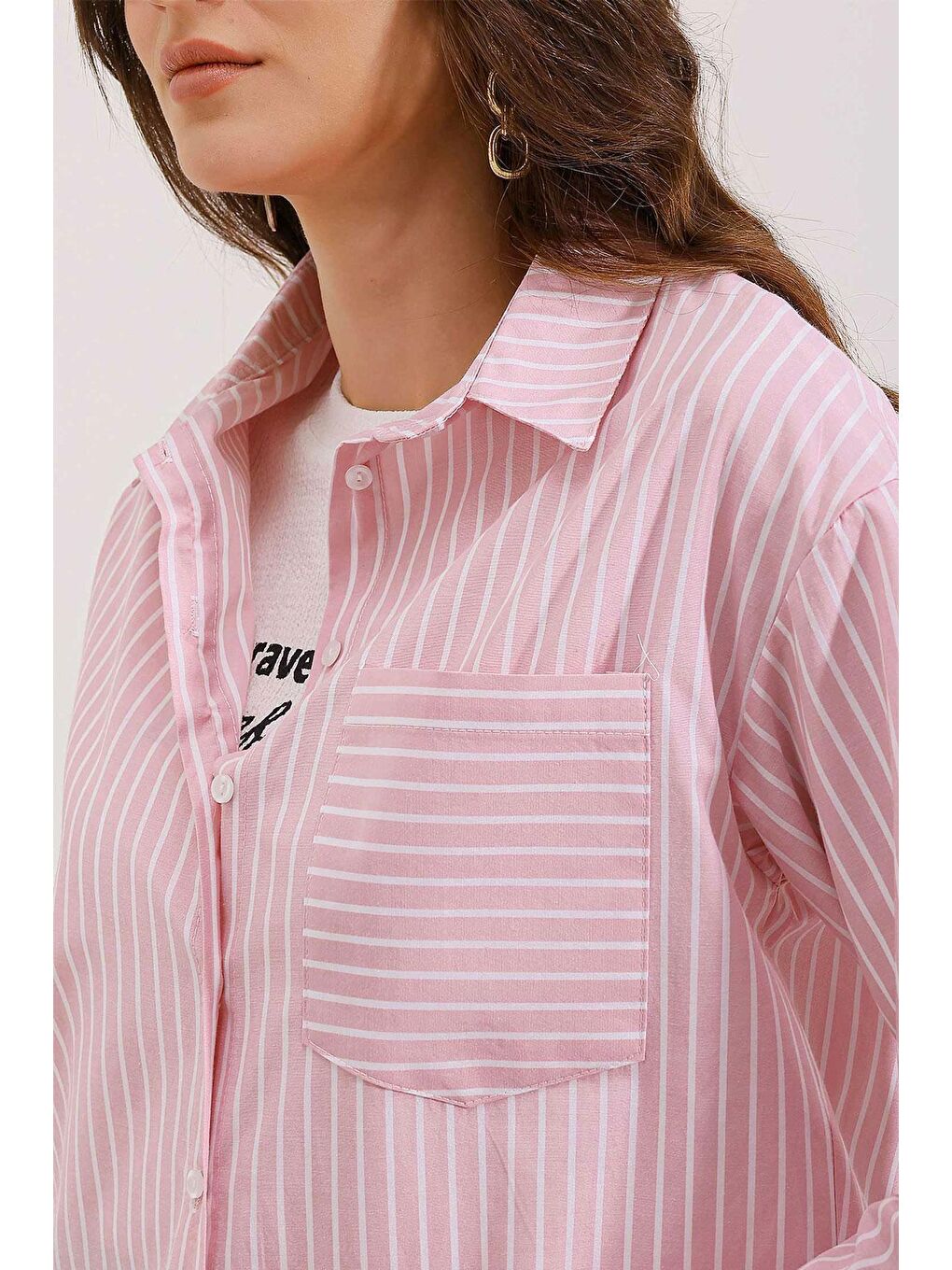 Bigdart Pembe 20205 Çizgili Oversize Gömlek - Pudra - 3