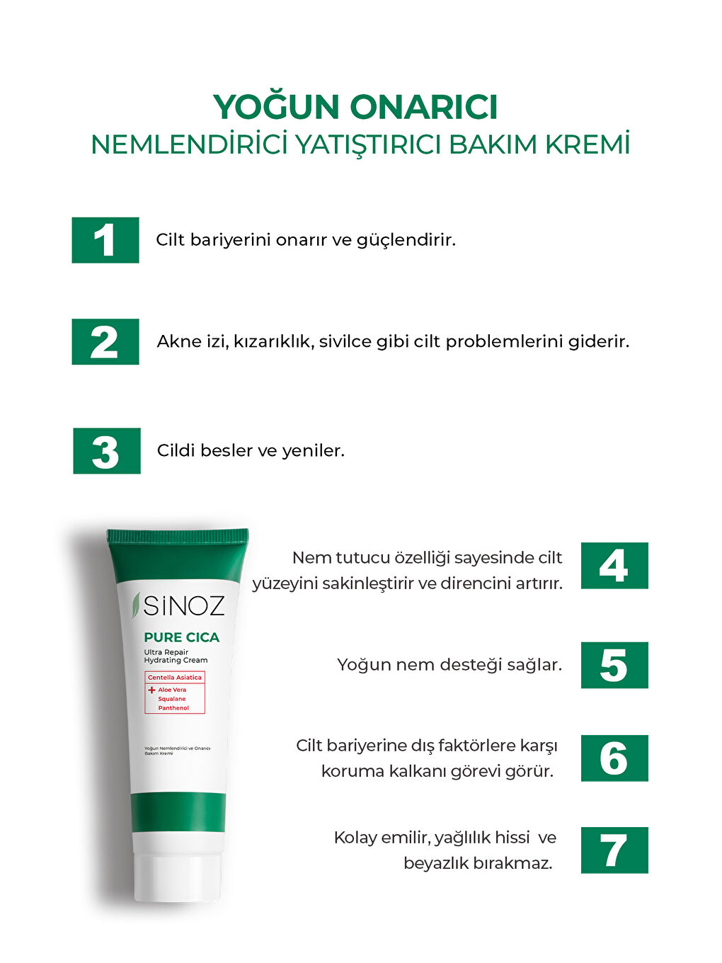 Sinoz Pure Cica Yoğun Onarıcı Nemlendirici Bakım Kremi 50 ML Tahriş Olmuş Hasarlı Ciltler için - 1