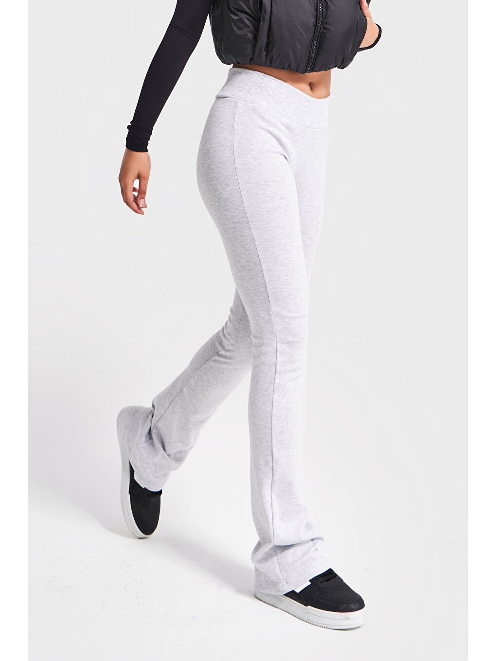 Kadın Gri Melanj Renk s5-107 Slim Fit Süper Esnek Kumaş Flare Fit Pantolon-3