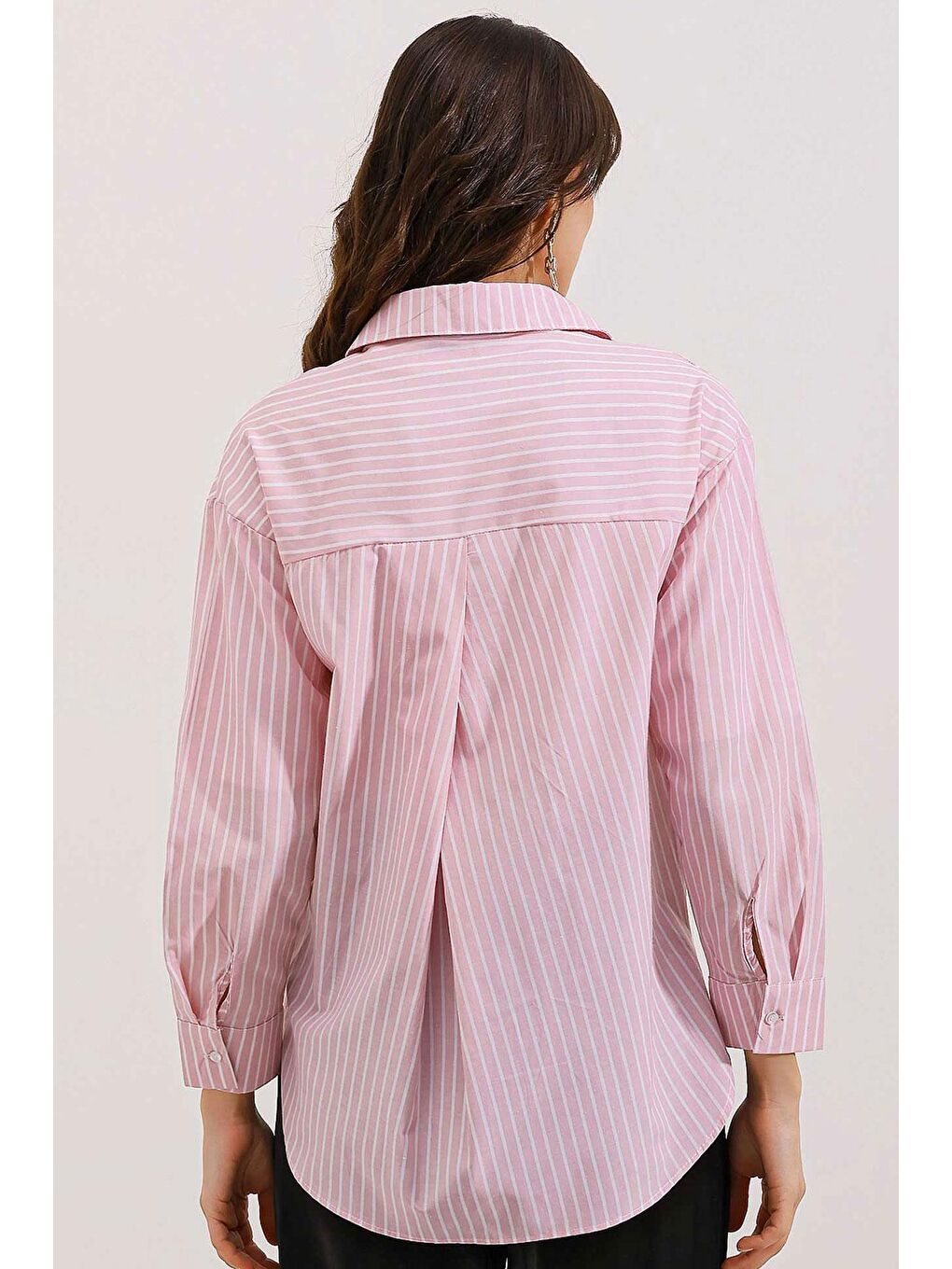 Bigdart Pembe 20205 Çizgili Oversize Gömlek - Pudra - 4