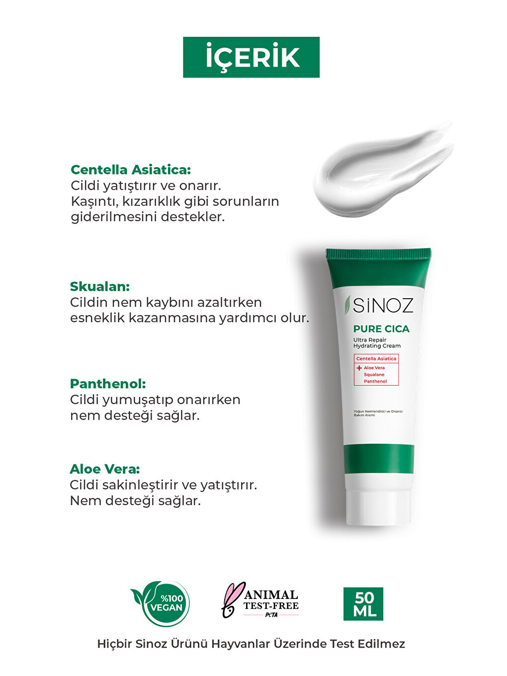 Sinoz Pure Cica Yoğun Onarıcı Nemlendirici Bakım Kremi 50 ML Tahriş Olmuş Hasarlı Ciltler için - 2