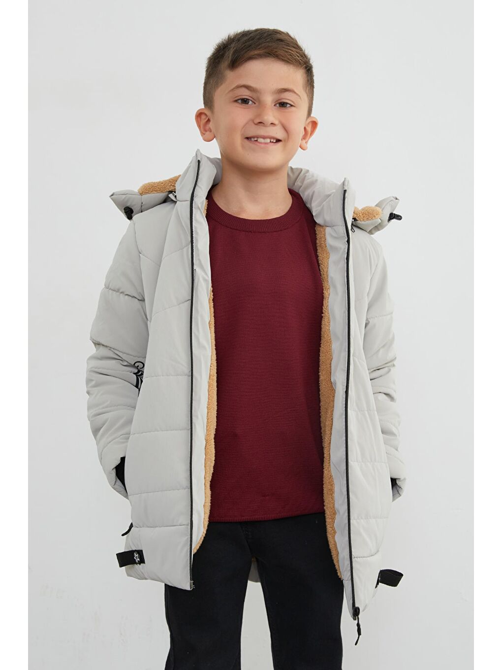 Gri Kolu Baskılı Fermuarlı Kapüşonlu Erkek Çocuk Mont-2